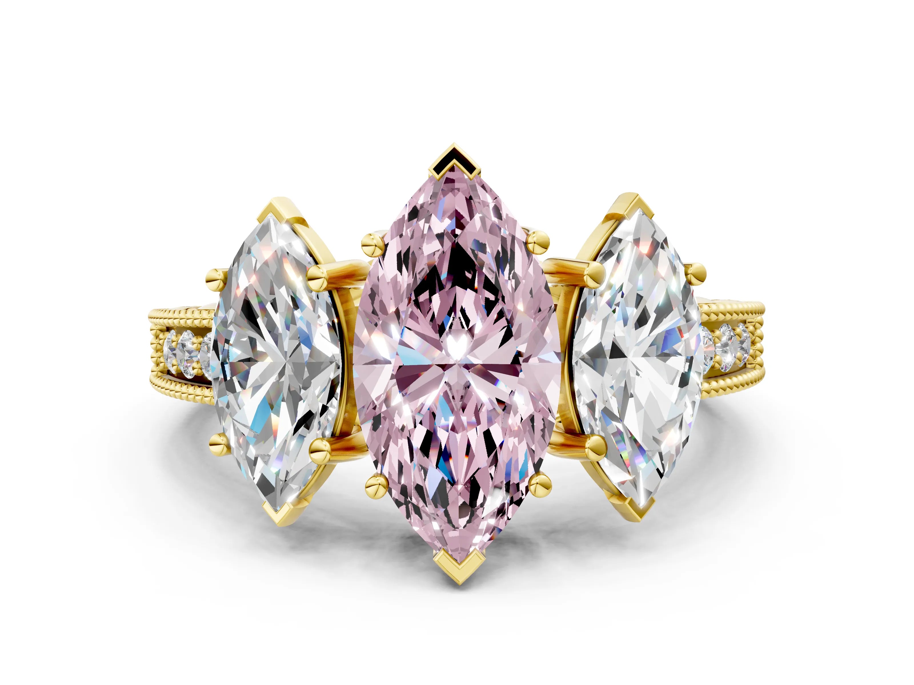 Yellow gold Three-Stone Fancy Pink Marquise Cut Cut Milgrain Pavé Engagement Ring