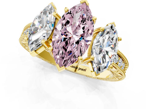 Yellow gold Three-Stone Fancy Pink Marquise Cut Cut Milgrain Pavé Engagement Ring_1