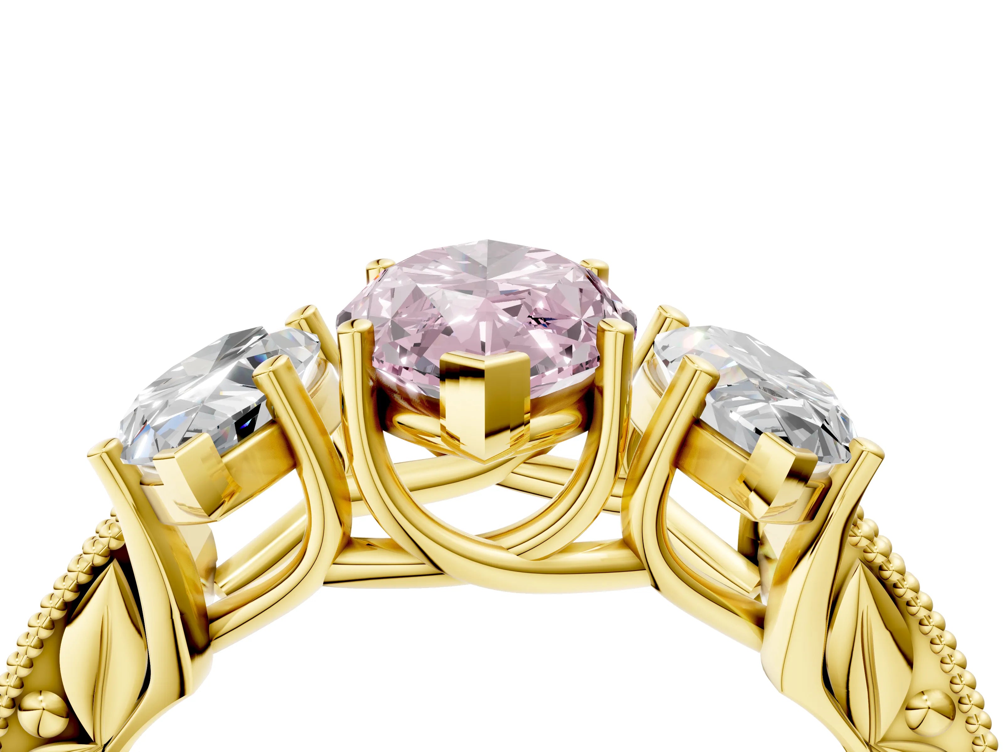 Yellow gold Three-Stone Fancy Pink Marquise Cut Cut Milgrain Pavé Engagement Ring_4