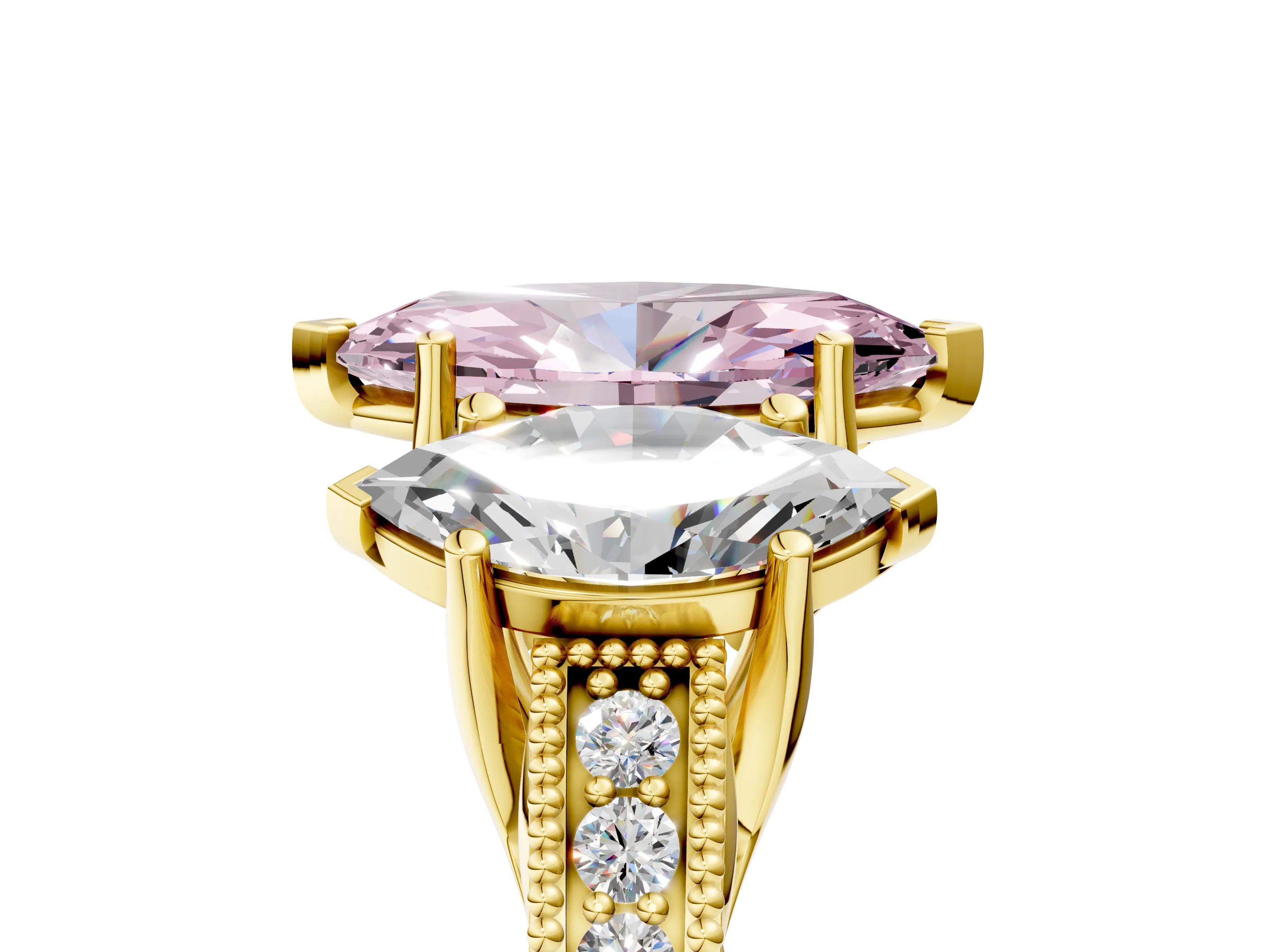 Yellow gold Three-Stone Fancy Pink Marquise Cut Cut Milgrain Pavé Engagement Ring_5