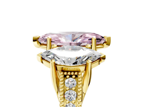 Yellow gold Three-Stone Fancy Pink Marquise Cut Cut Milgrain Pavé Engagement Ring_5