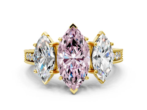 Yellow gold Three-Stone Fancy Pink Marquise Cut Cut Milgrain Pavé Engagement Ring