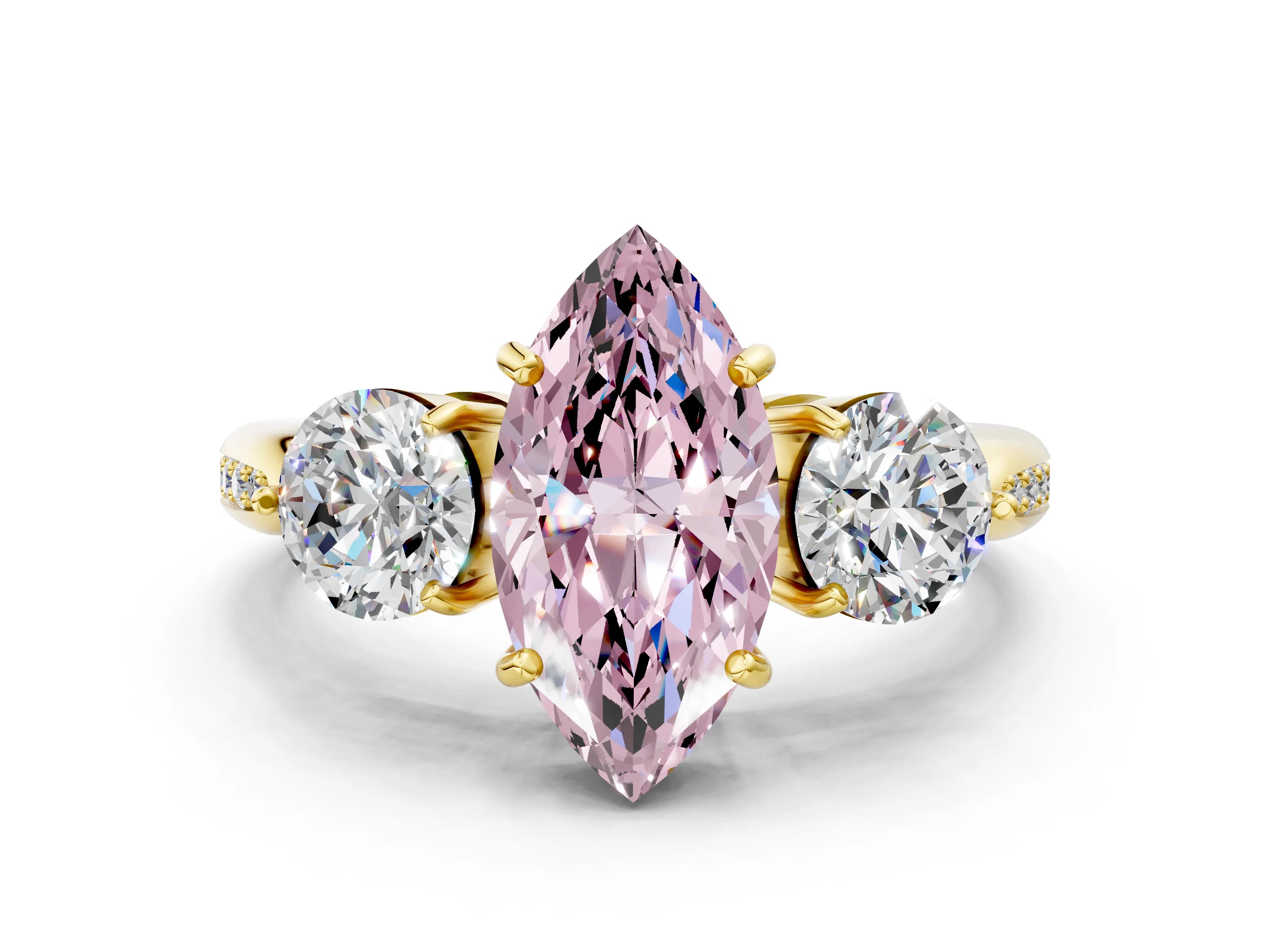 Yellow gold Three-Stone Fancy Pink Marquise Cut Diamond Channel Set Engagement Ring with Prong Setting