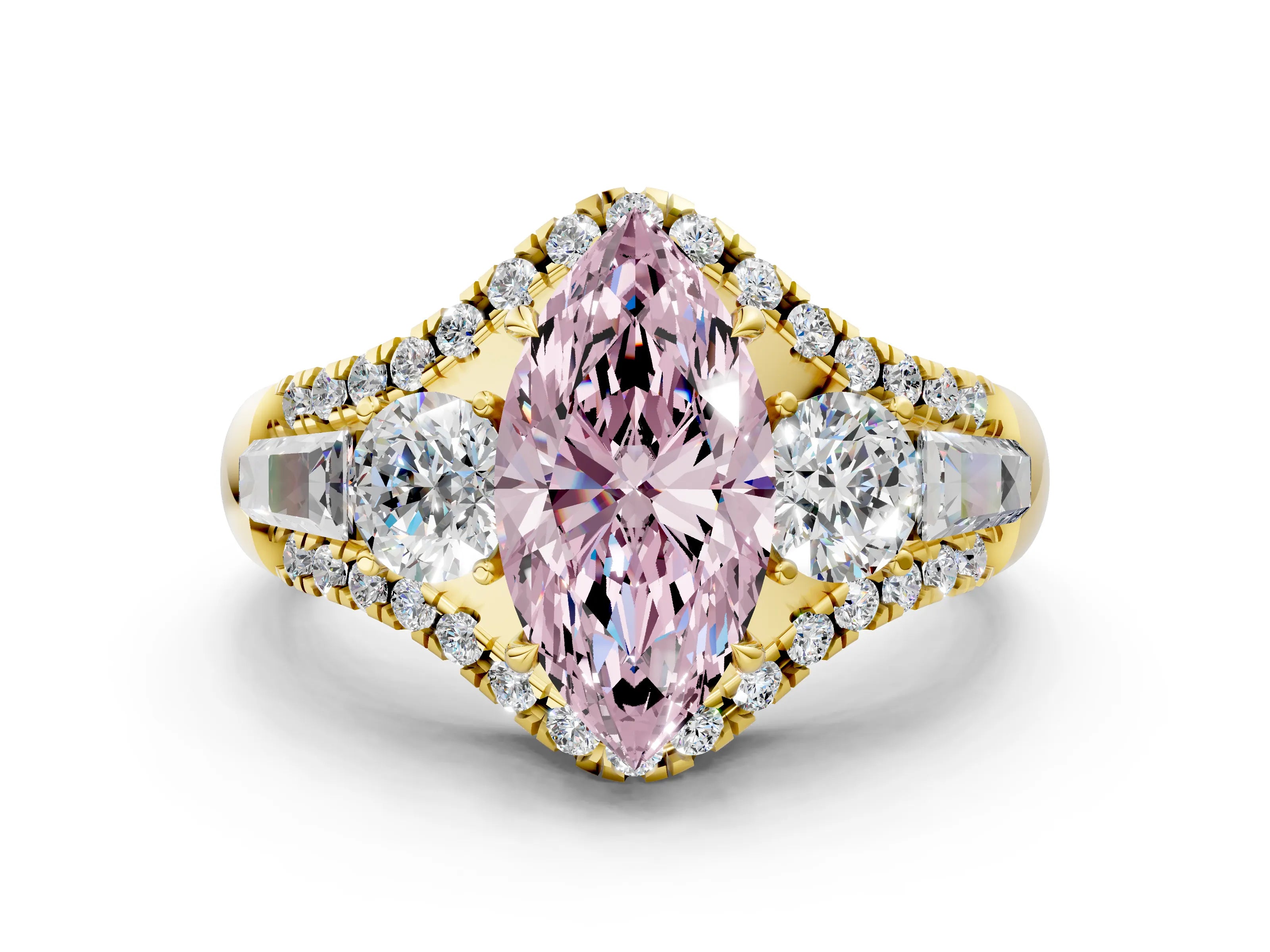 Yellow gold Three-Stone Fancy Pink Marquise Cut Diamond Engagement Ring with Pave Band and Prong Setting