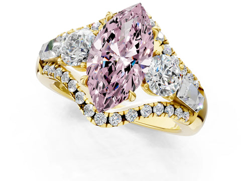 Yellow gold Three-Stone Fancy Pink Marquise Cut Diamond Engagement Ring with Pave Band and Prong Setting_1