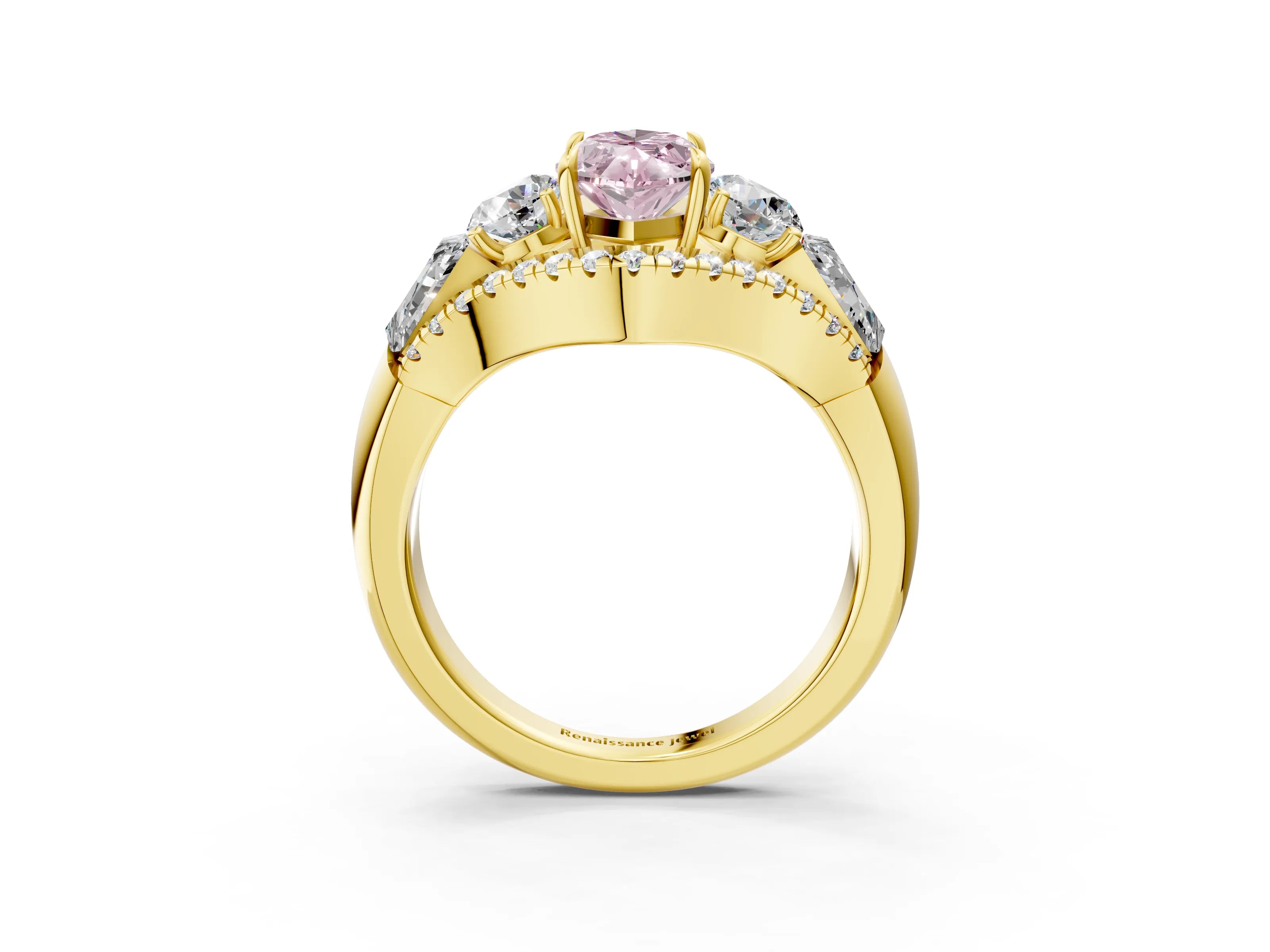 Yellow gold Three-Stone Fancy Pink Marquise Cut Diamond Engagement Ring with Pave Band and Prong Setting_3