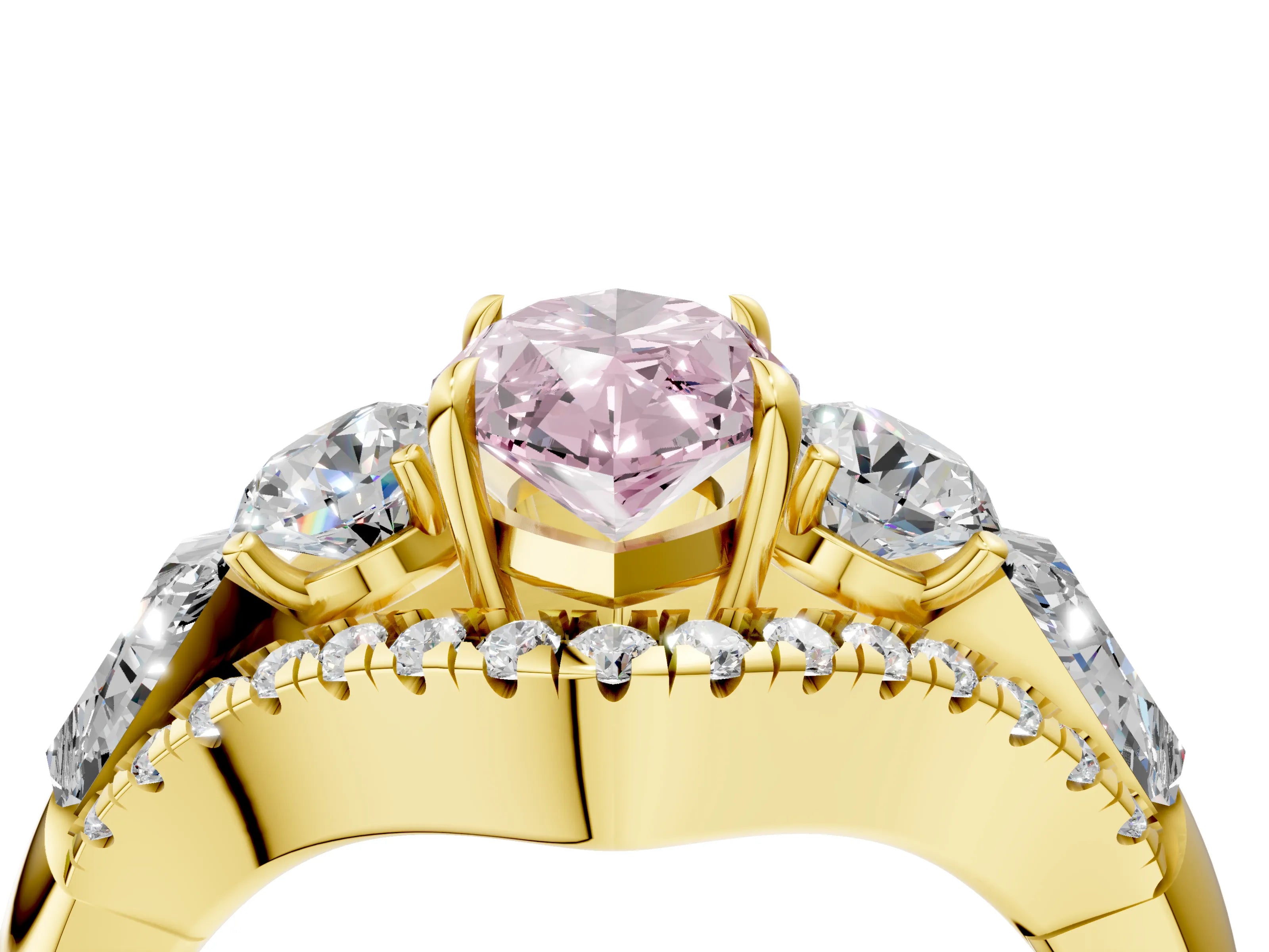 Yellow gold Three-Stone Fancy Pink Marquise Cut Diamond Engagement Ring with Pave Band and Prong Setting_4