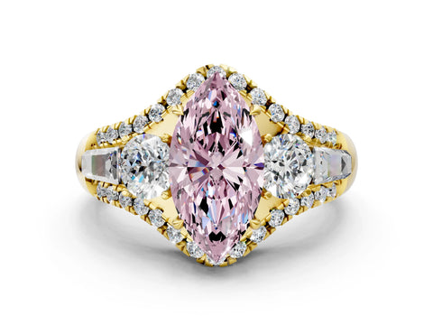 Yellow gold Three-Stone Fancy Pink Marquise Cut Diamond Engagement Ring with Pave Band and Prong Setting
