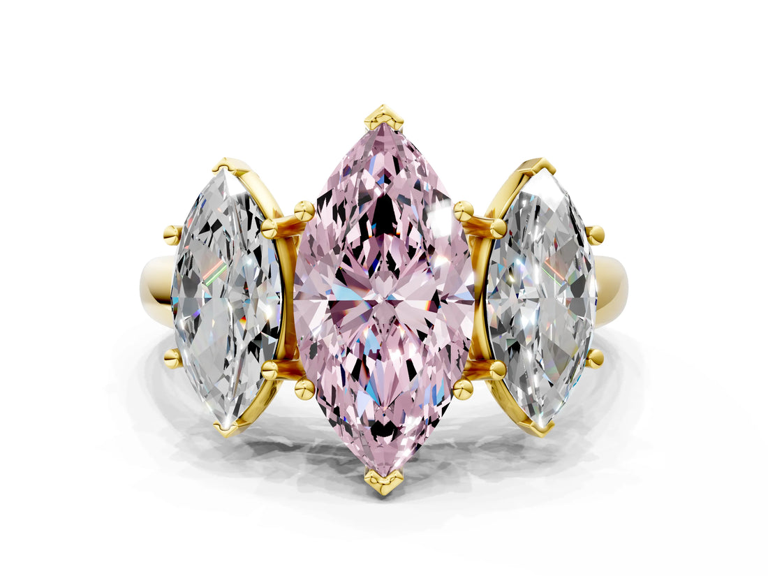 Yellow gold Three-Stone Fancy Pink Marquise Cut Diamond Engagement Ring with Prong Setting_3
