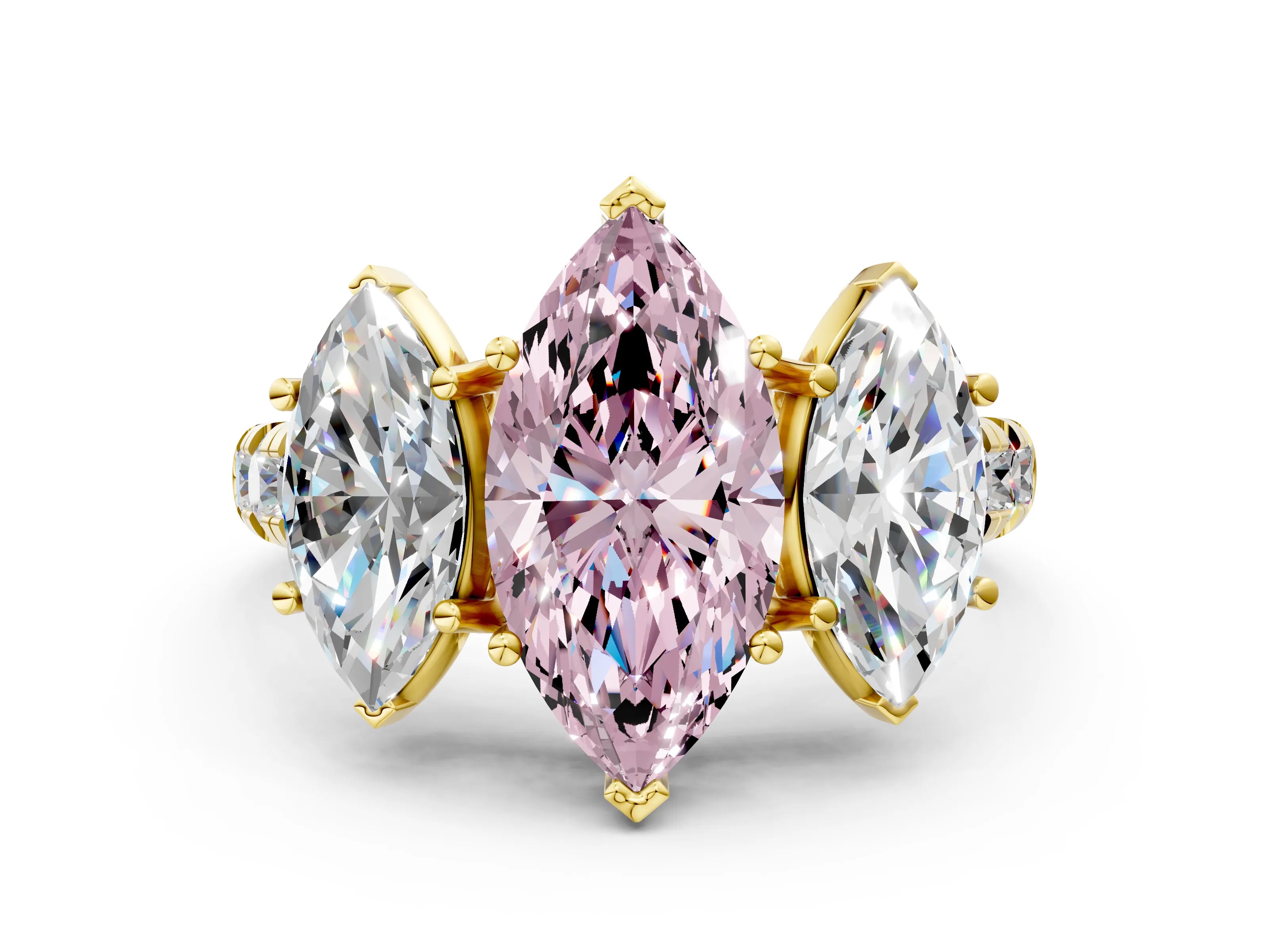 Yellow gold Three-Stone Fancy Pink Marquise Cut Diamond Pavé Band with Prong Setting