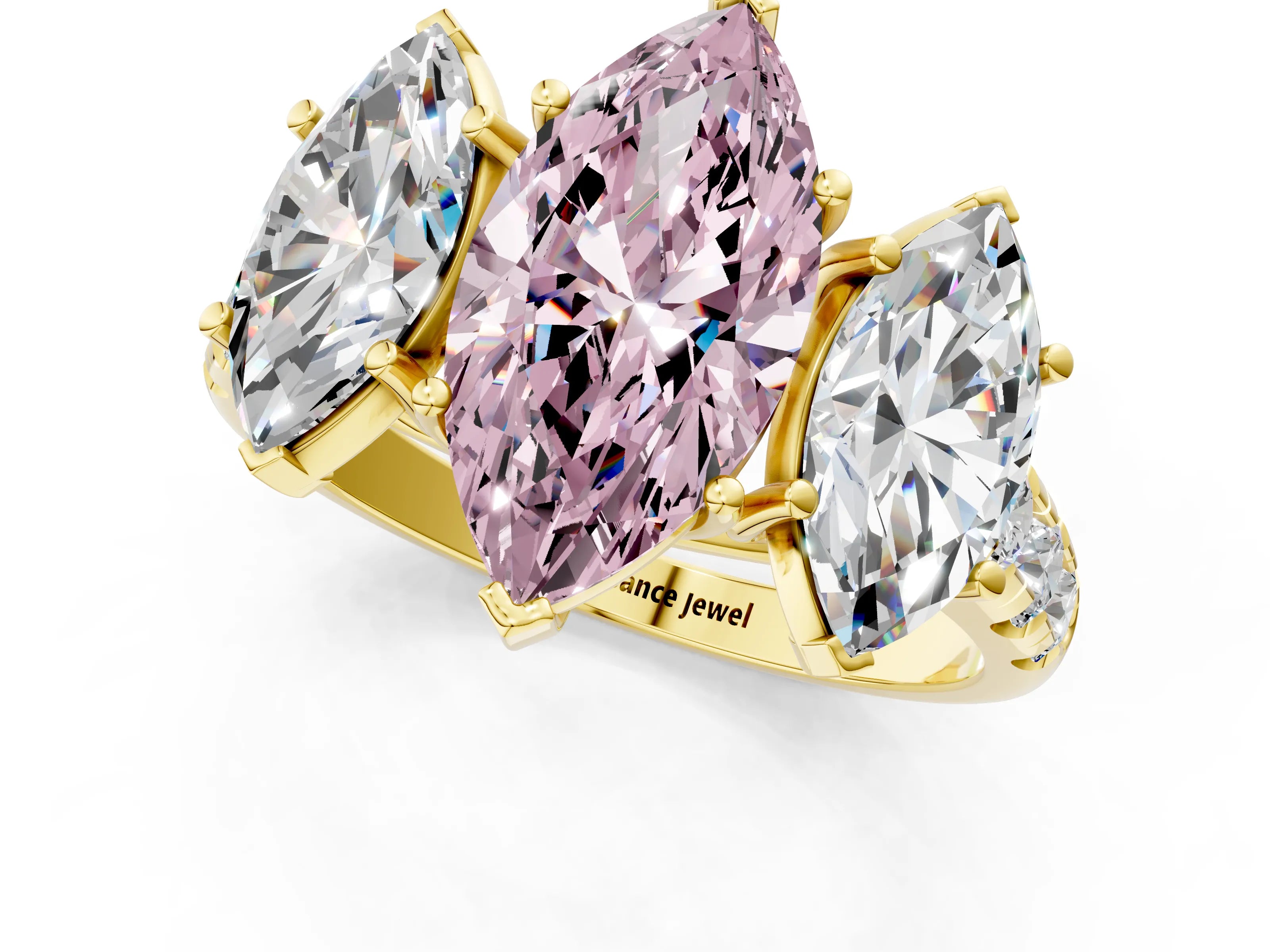 Yellow gold Three-Stone Fancy Pink Marquise Cut Diamond Pavé Band with Prong Setting_1