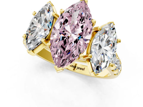 Yellow gold Three-Stone Fancy Pink Marquise Cut Diamond Pavé Band with Prong Setting_1