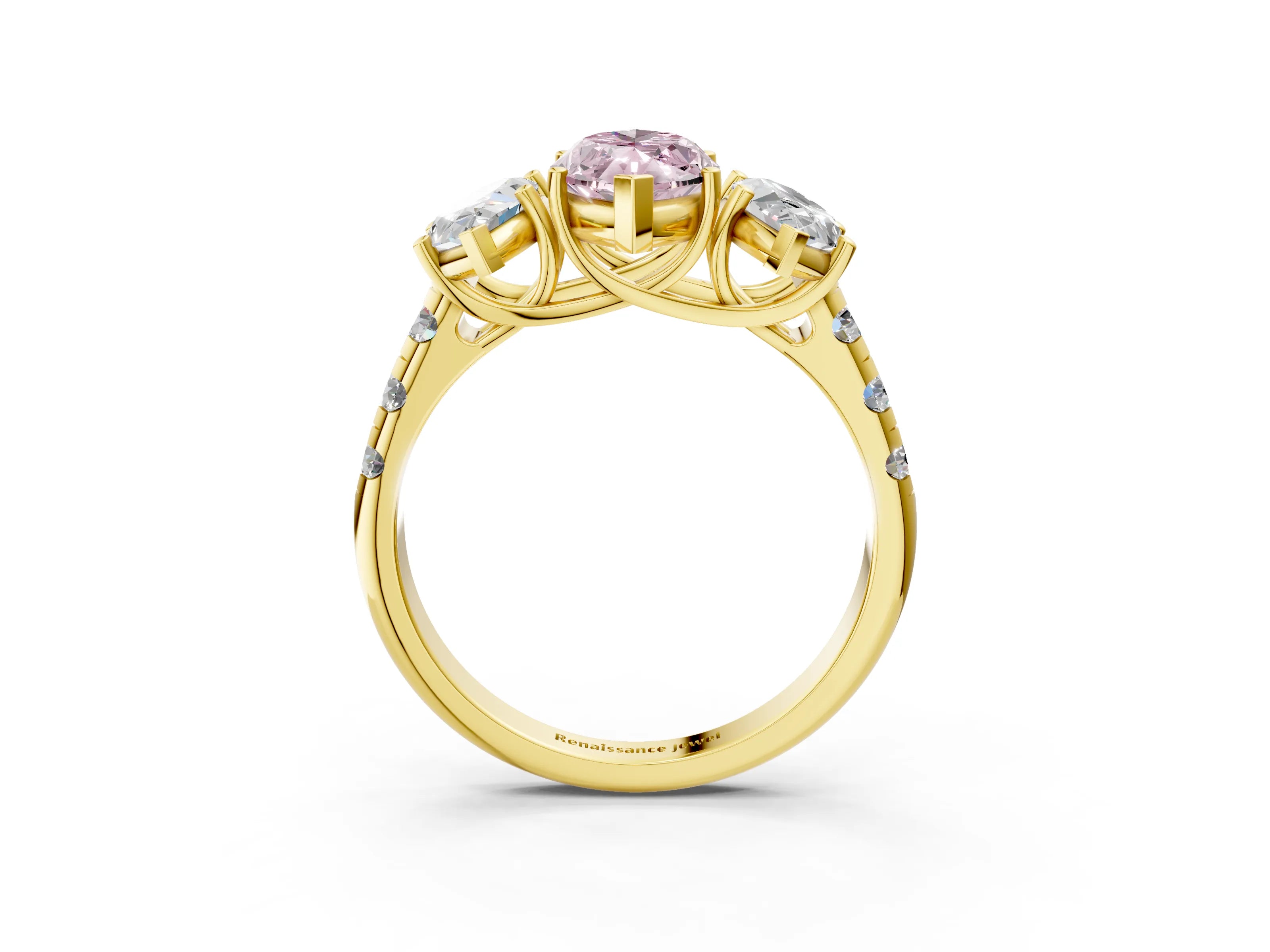 Yellow gold Three-Stone Fancy Pink Marquise Cut Diamond Pavé Band with Prong Setting_3
