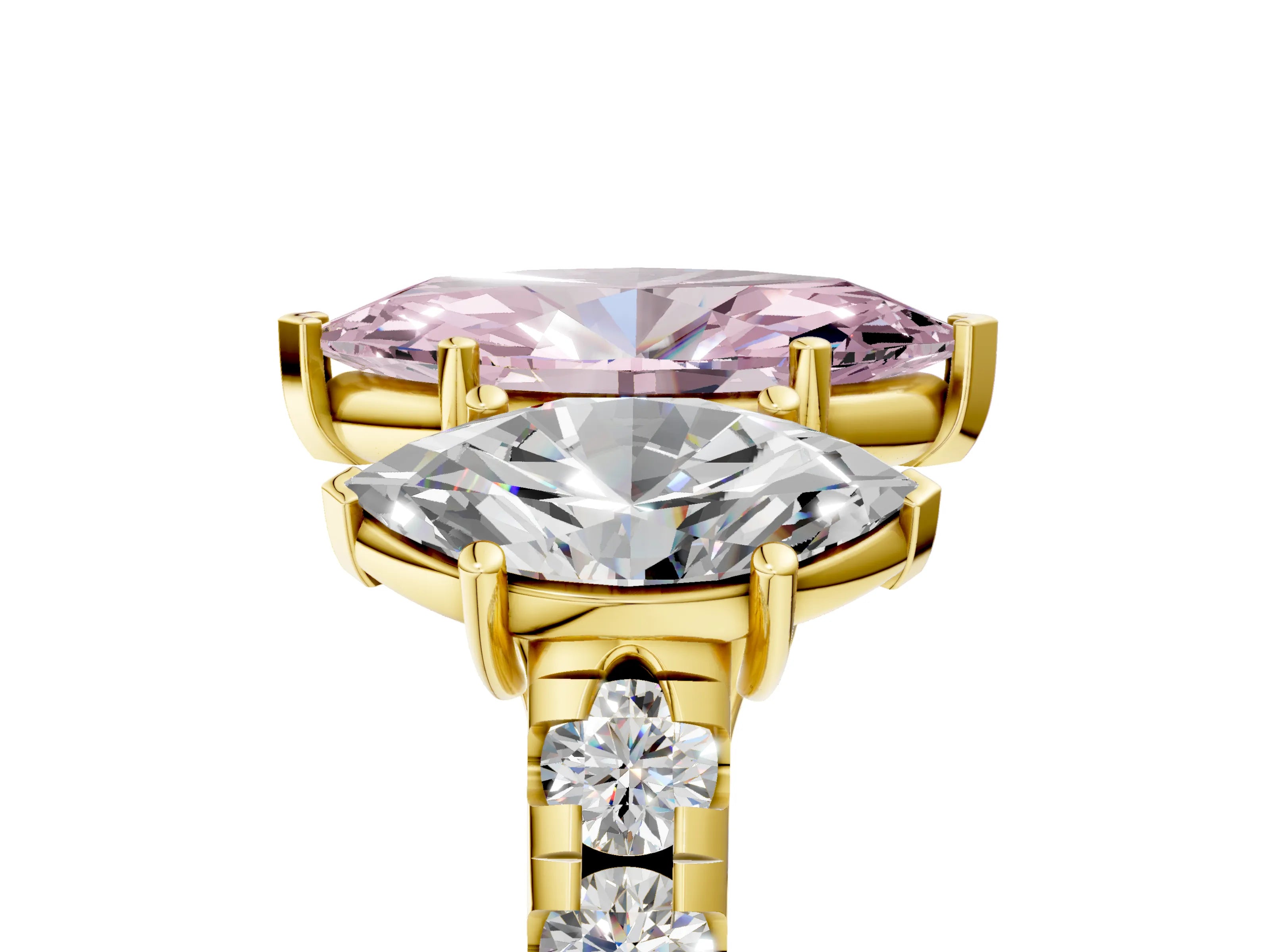 Yellow gold Three-Stone Fancy Pink Marquise Cut Diamond Pavé Band with Prong Setting_5