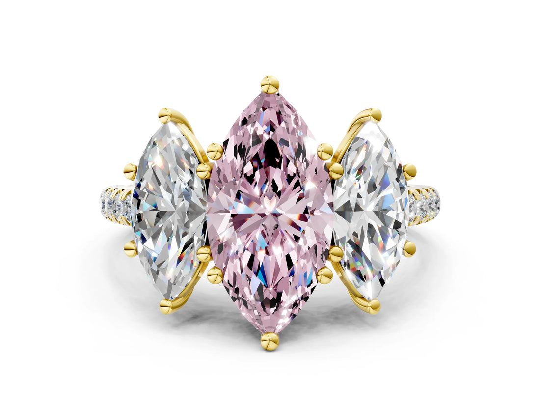 Yellow gold Three-Stone Fancy Pink Marquise Cut Diamond Ring with Pavé Band and Prong Setting_68