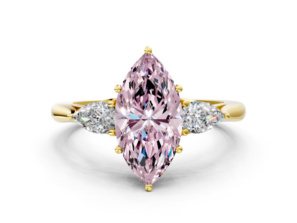 Yellow gold Three-Stone Fancy Pink Marquise  Cut Diamond Ring with Pear Side Stones in Four-Prong Setting