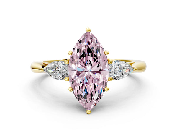 Yellow gold Three-Stone Fancy Pink Marquise Cut Diamond Ring with Pear  Side Stones in Four-Prong Setting