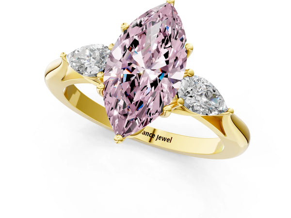 Yellow gold Three-Stone Fancy Pink Marquise Cut Diamond Ring with Pear  Side Stones in Four-Prong Setting