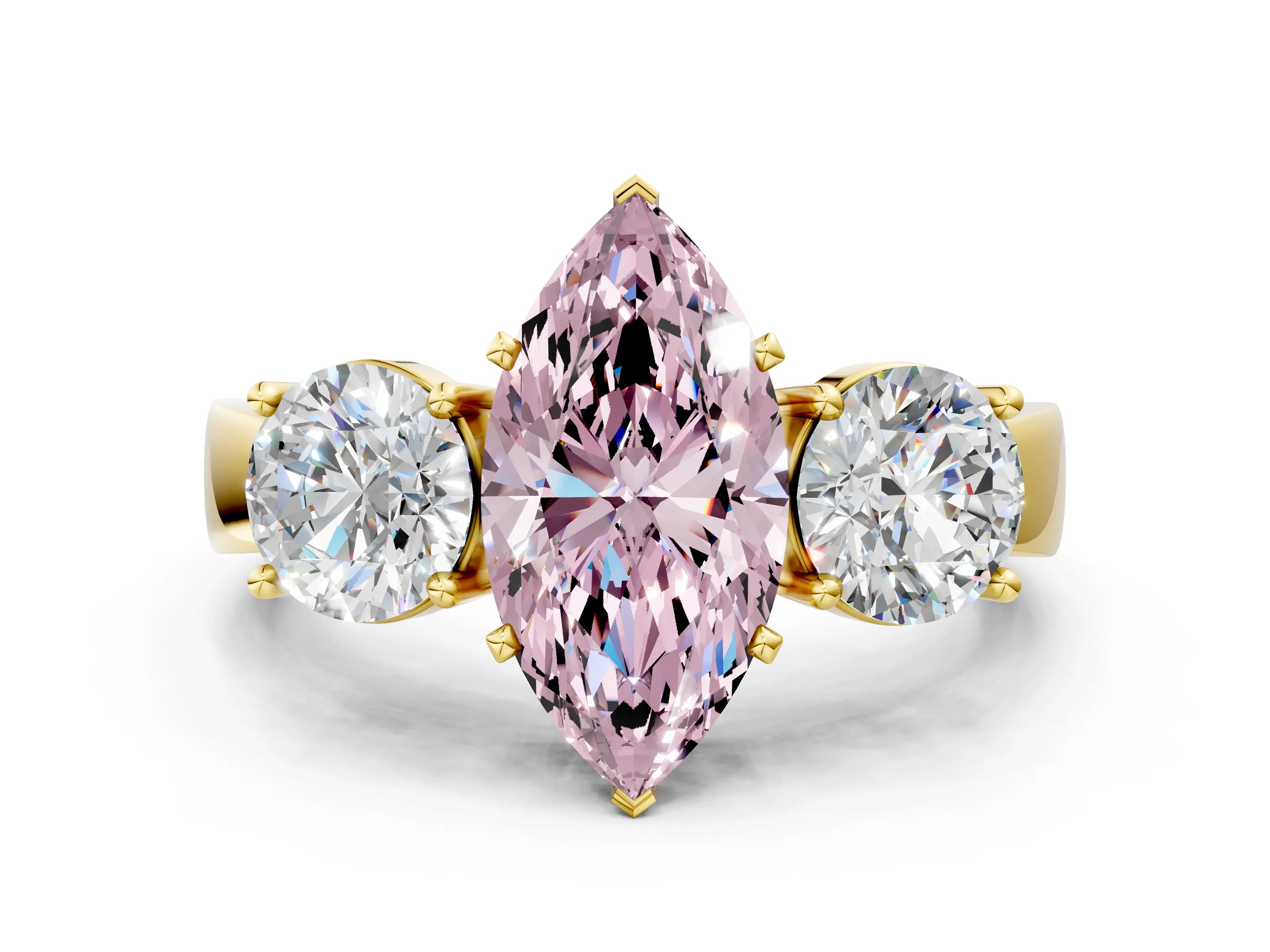 Yellow gold Three-Stone Fancy Pink Marquise Cut Diamond Ring with Round Side Stones, Classic Band, and Four-Prong Setting