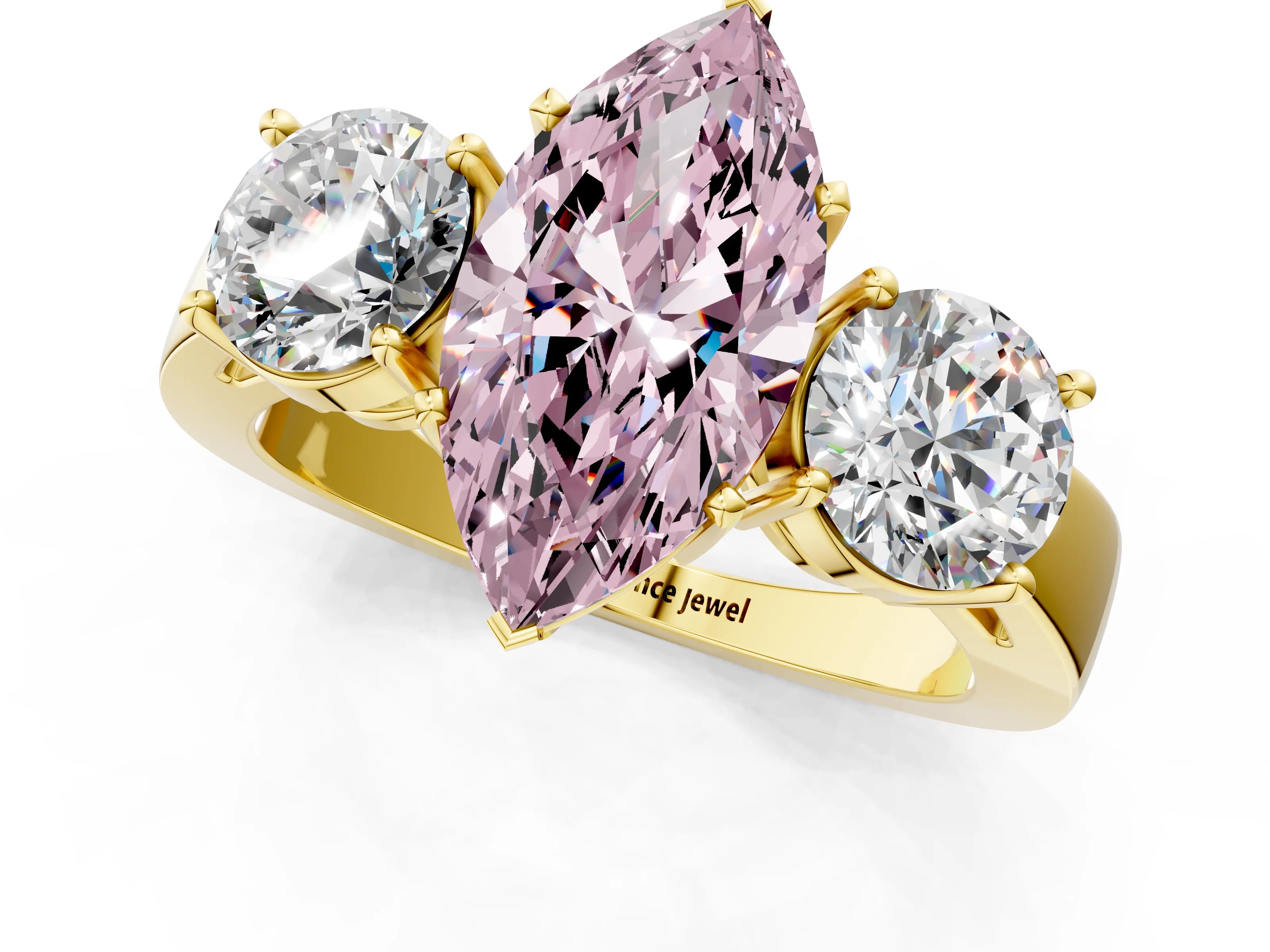 Yellow gold Three-Stone Fancy Pink Marquise Cut Diamond Ring with Round Side Stones, Classic Band, and Four-Prong Setting_1