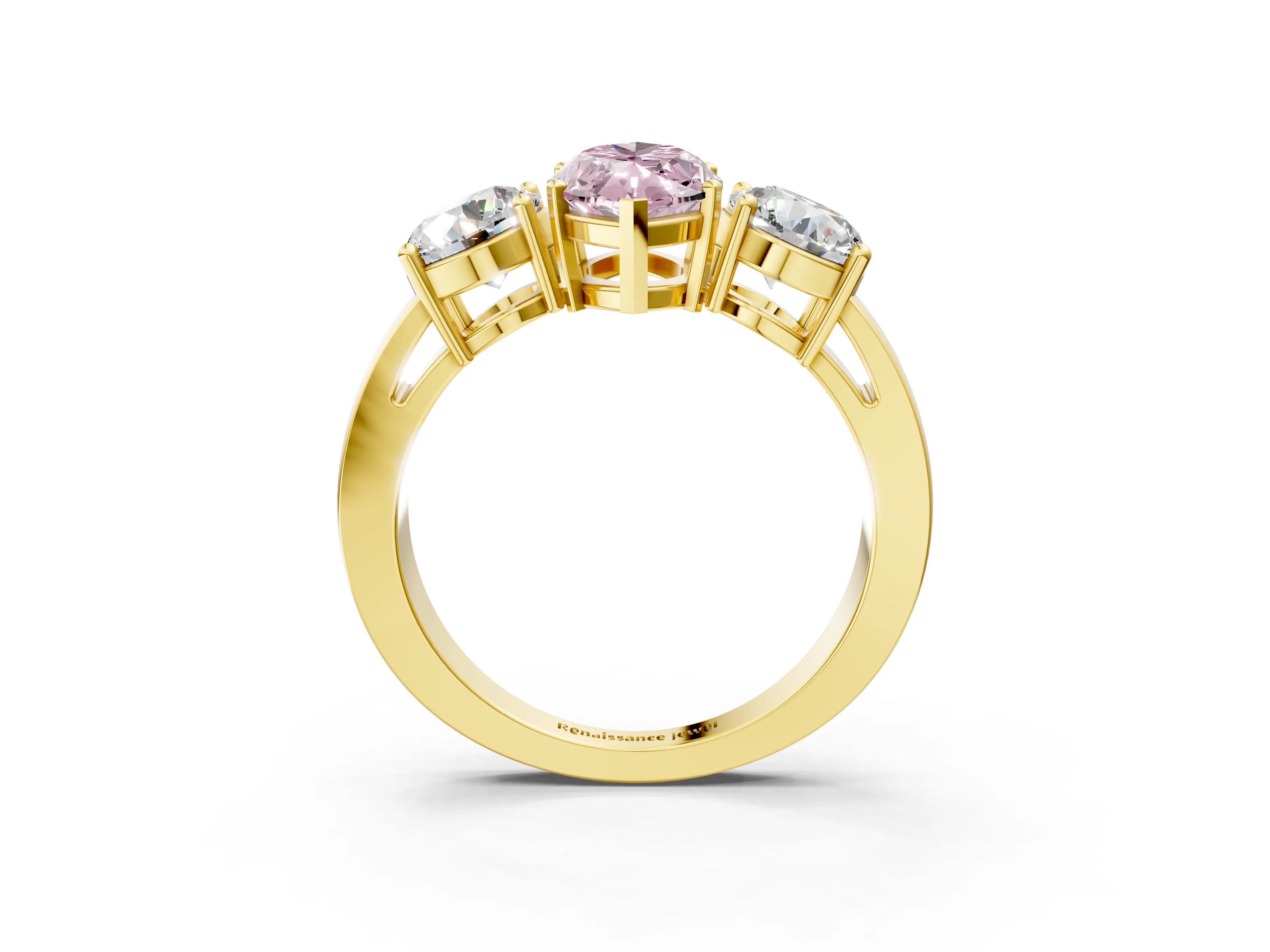 Yellow gold Three-Stone Fancy Pink Marquise Cut Diamond Ring with Round Side Stones, Classic Band, and Four-Prong Setting_3