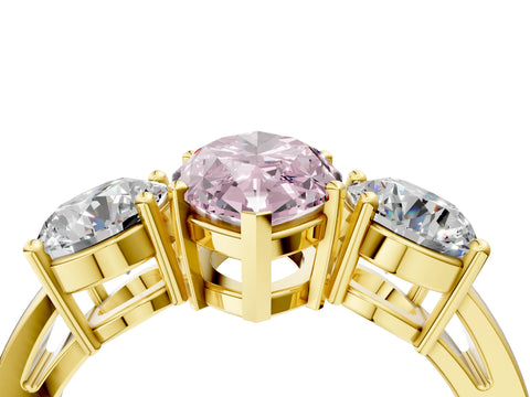 Yellow gold Three-Stone Fancy Pink Marquise Cut Diamond Ring with Round Side Stones, Classic Band, and Four-Prong Setting_4