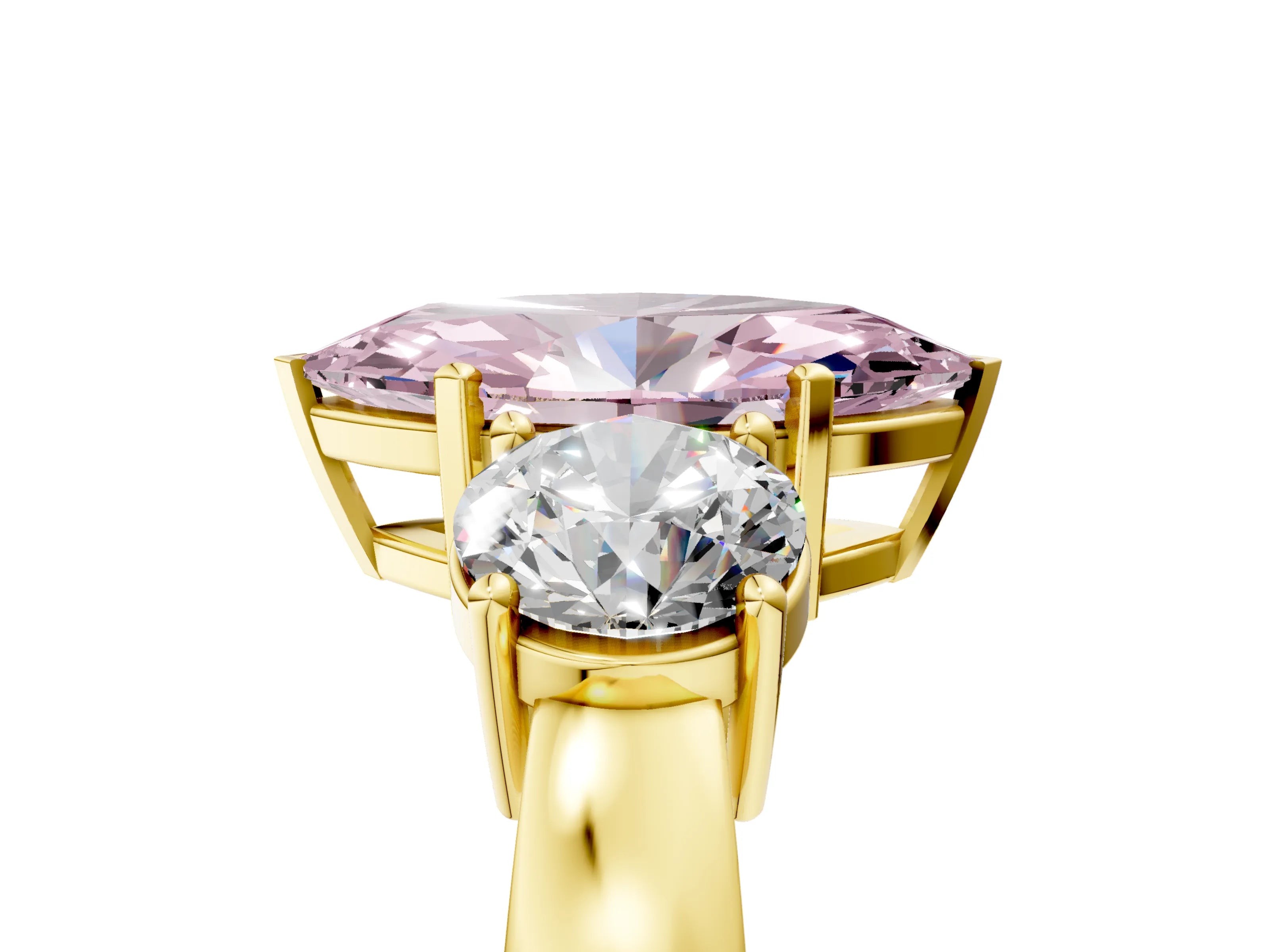 Yellow gold Three-Stone Fancy Pink Marquise Cut Diamond Ring with Round Side Stones, Classic Band, and Four-Prong Setting_5