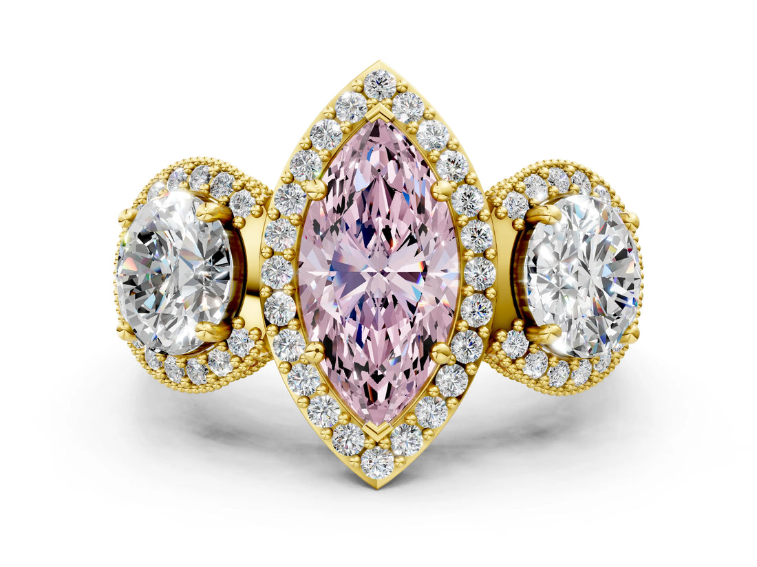 Yellow gold Three-Stone Fancy Pink Marquise Cut Halo Diamond Milgrain Band with Four-Prong Setting