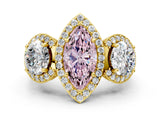 Yellow gold Three-Stone Fancy Pink Marquise Cut Halo Diamond Milgrain Band with Four-Prong Setting