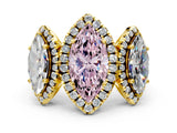 Yellow gold Three-Stone Fancy Pink Marquise Cut Halo Diamond Ring with Pave Band and Four-Prong Setting