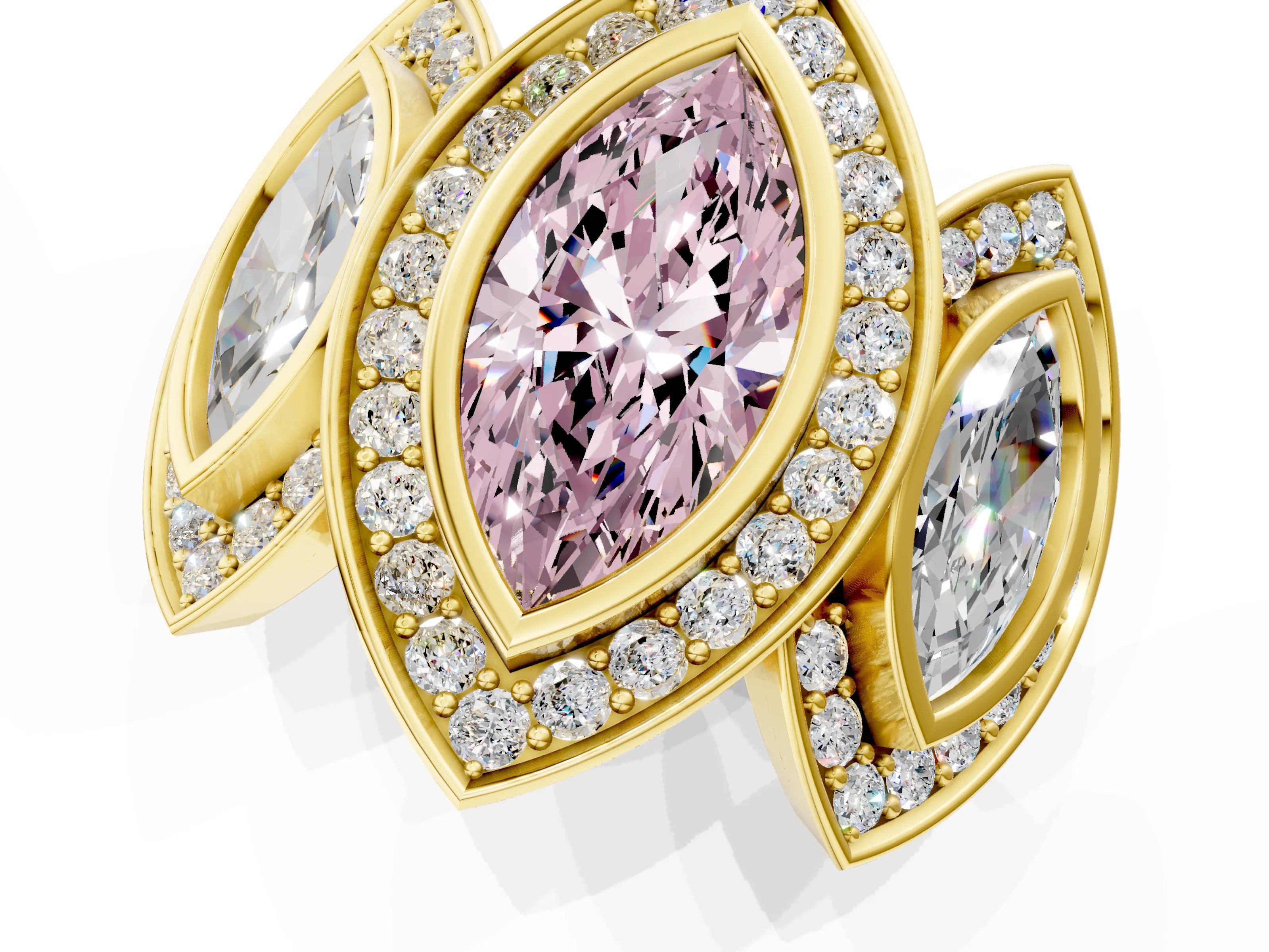 Yellow gold Three-Stone Fancy Pink Marquise Cut Halo Pavé Diamond Ring_1