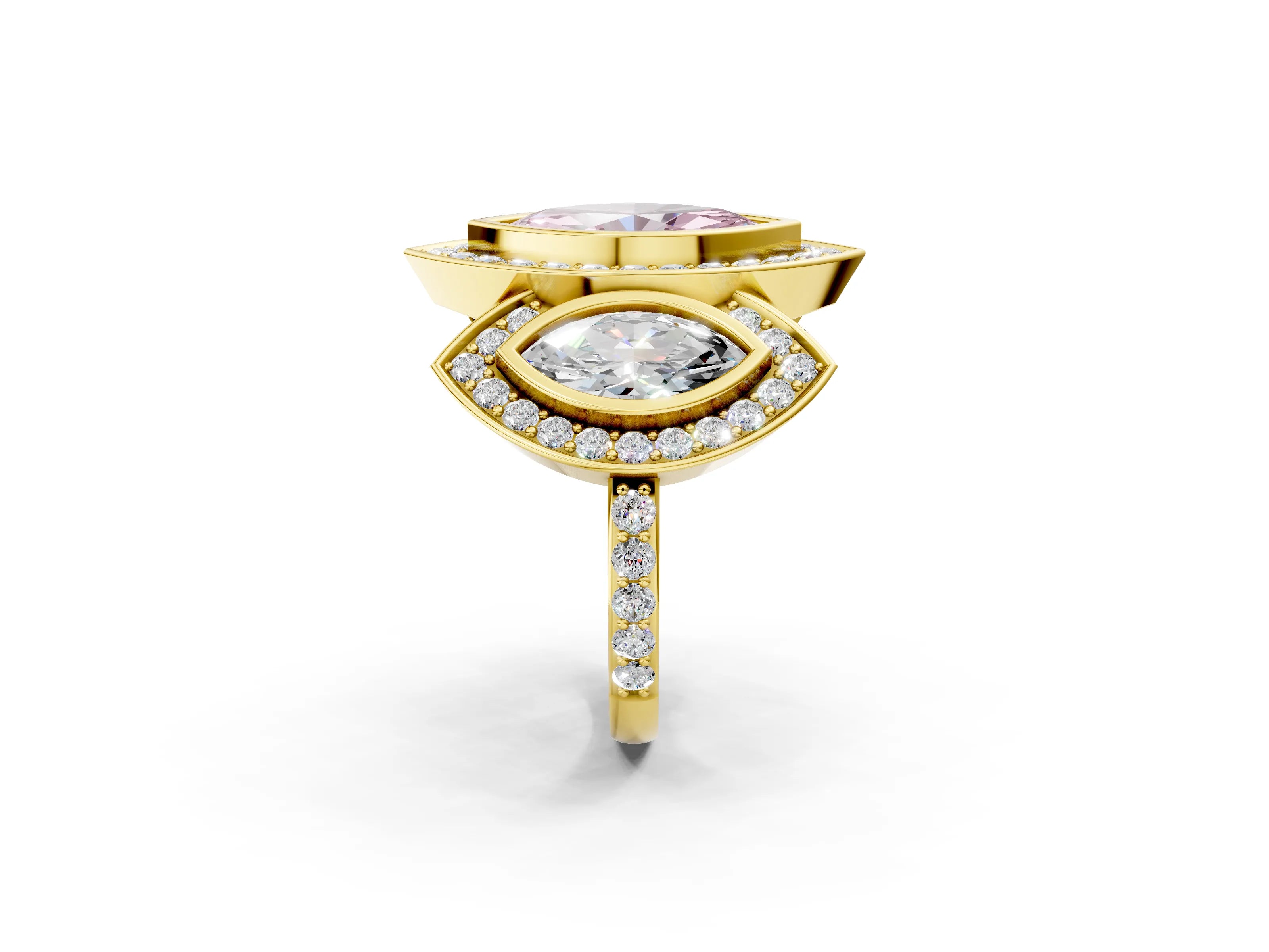 Yellow gold Three-Stone Fancy Pink Marquise Cut Halo Pavé Diamond Ring_2