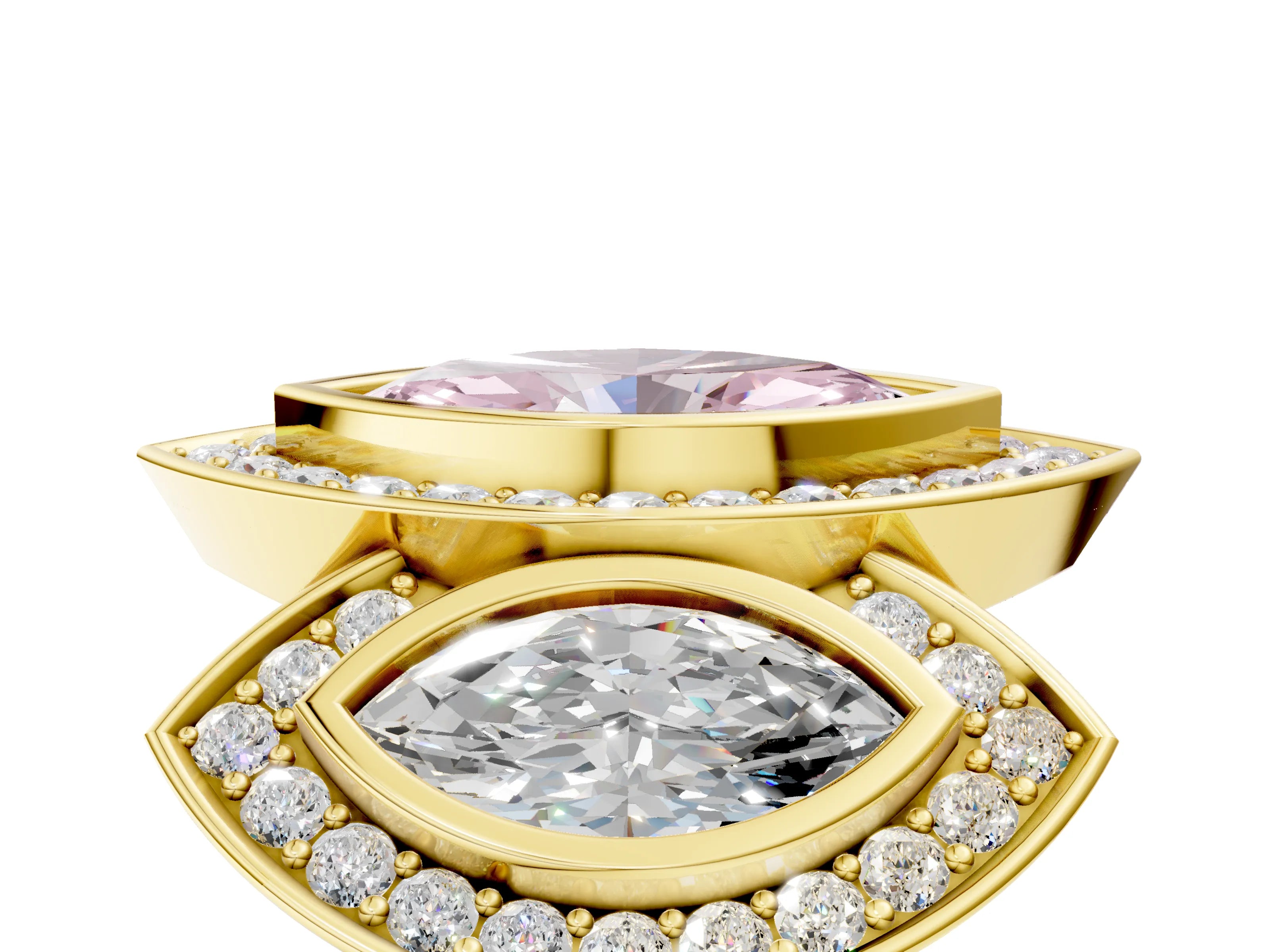 Yellow gold Three-Stone Fancy Pink Marquise Cut Halo Pavé Diamond Ring_5