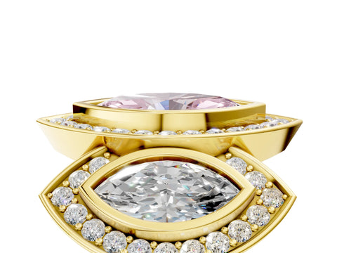 Yellow gold Three-Stone Fancy Pink Marquise Cut Halo Pavé Diamond Ring_5
