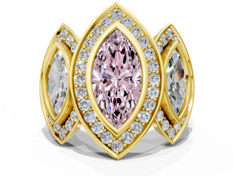 Yellow gold Three-Stone Fancy Pink Marquise Cut Halo Pavé Diamond Ring