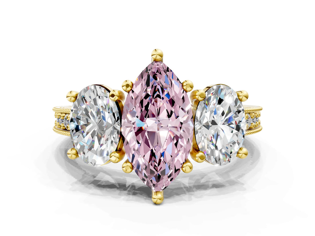 Yellow gold Three-Stone Fancy Pink Marquise  Diamond Milgrain Pave Band with Prong Setting 1