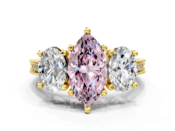 Yellow gold Three-Stone Fancy Pink Marquise  Diamond Milgrain Pave Band with Prong Setting