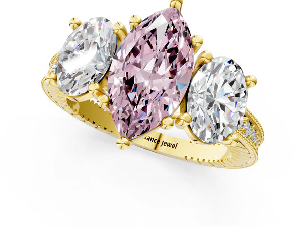 Yellow gold Three-Stone Fancy Pink Marquise  Diamond Milgrain Pave Band with Prong Setting