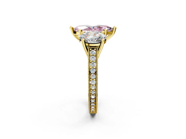 Yellow gold Three-Stone Fancy Pink Marquise  Diamond Milgrain Pave Band with Prong Setting