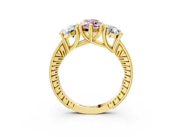 Yellow gold Three-Stone Fancy Pink Marquise  Diamond Milgrain Pave Band with Prong Setting