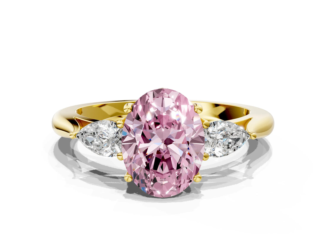 Yellow gold Three-Stone Fancy Pink Oval Cut Brilliant Diamond Solitaire Ring with Tapered Band and Four-Prong Setting_6
