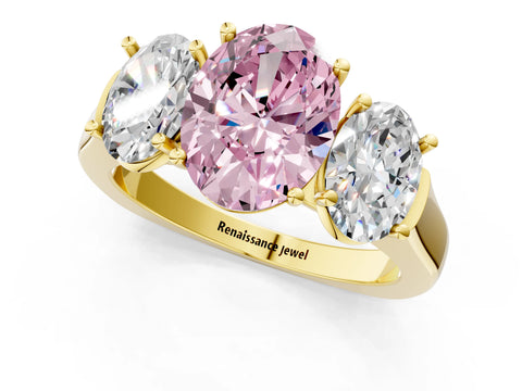 Yellow gold Three-Stone Fancy Pink Oval Cut Brilliant Diamond Trellis Ring with Comfort Fit Band_1