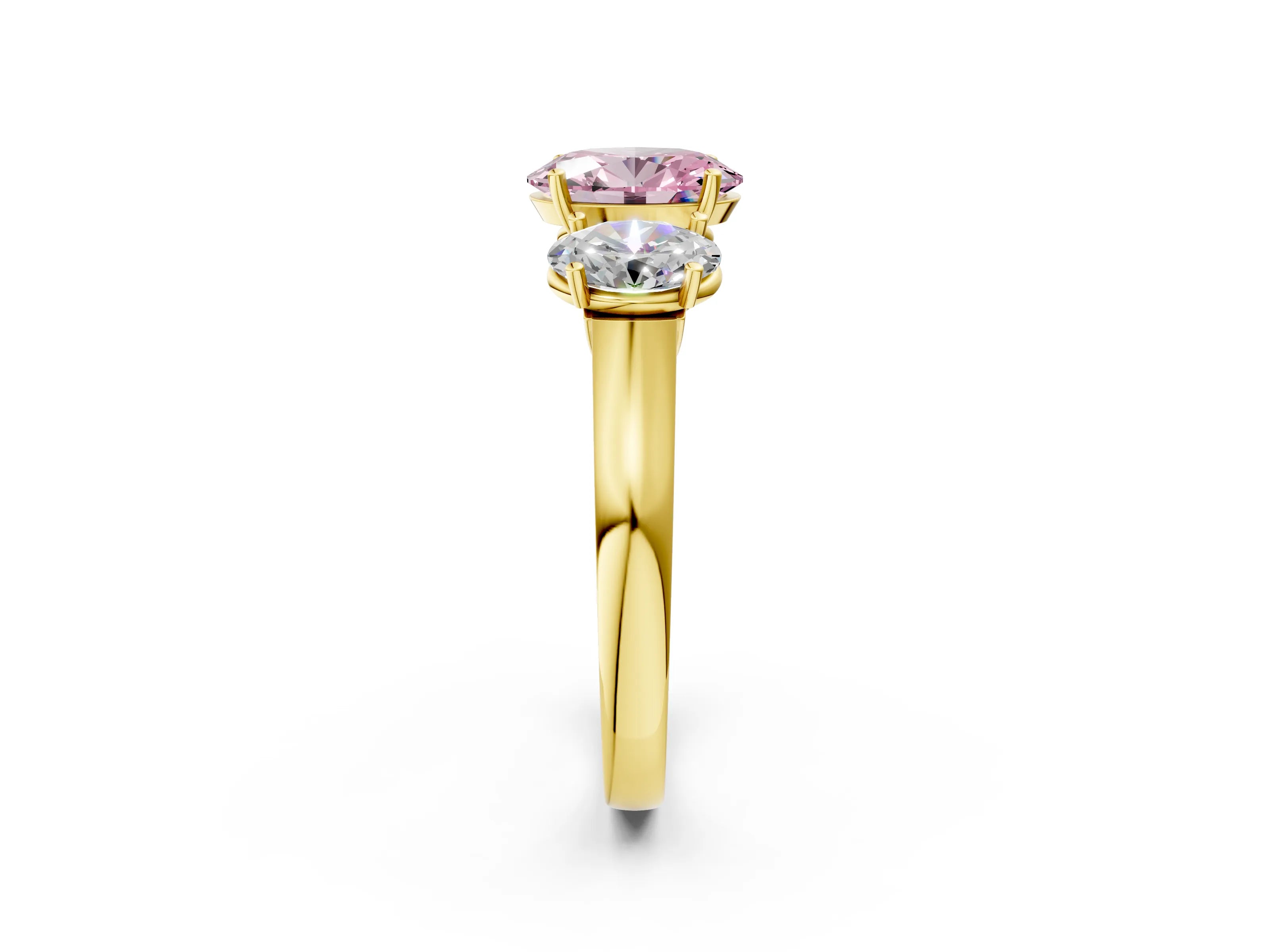 Yellow gold Three-Stone Fancy Pink Oval Cut Brilliant Diamond Trellis Ring with Comfort Fit Band_2