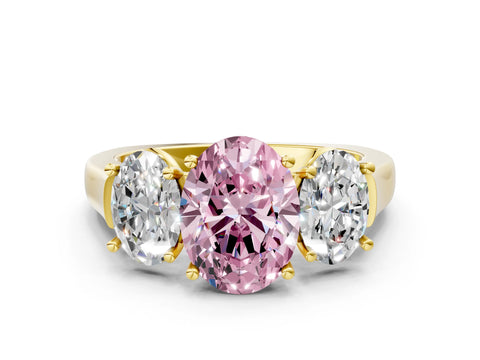 Yellow gold Three-Stone Fancy Pink Oval Cut Brilliant Diamond Trellis Ring with Comfort Fit Band