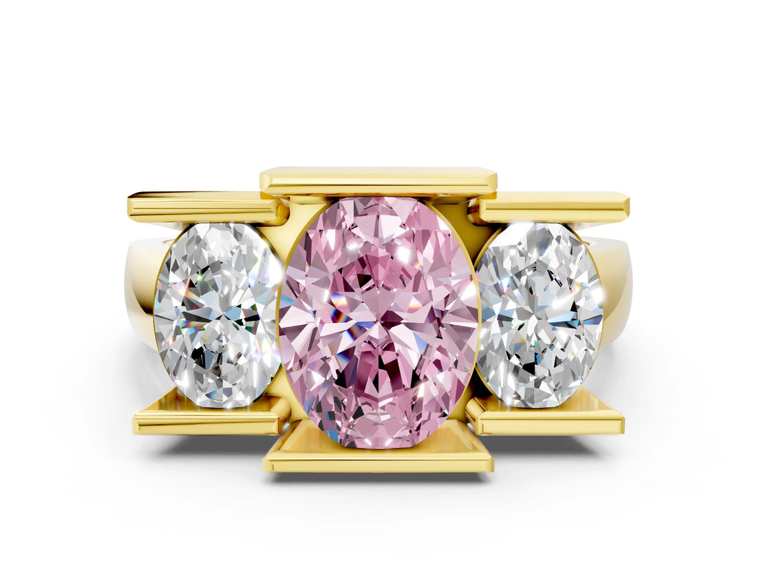 Yellow gold Three Stone Fancy Pink Oval Cut Cut Channel Set Diamond Ring
