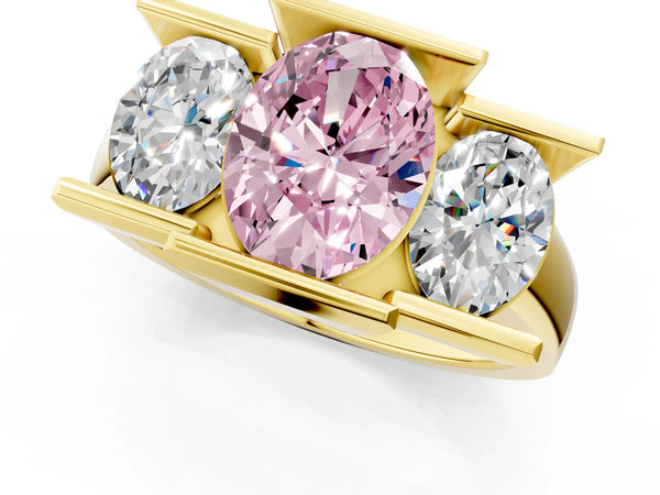 Yellow gold Three Stone Fancy Pink Oval Cut Cut Channel Set Diamond Ring