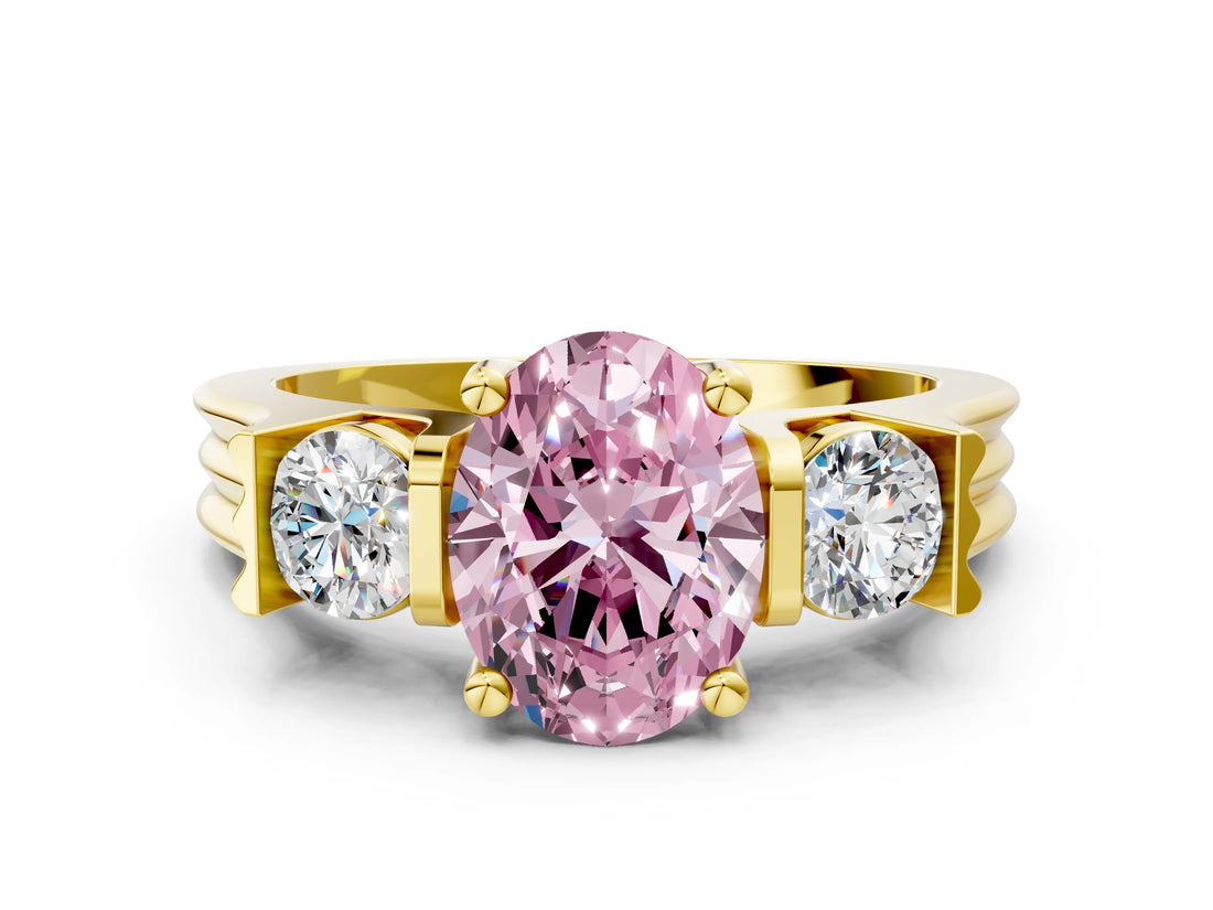 Yellow gold Three-Stone Fancy Pink Oval Cut Cut Classic Band Prong Setting Ring