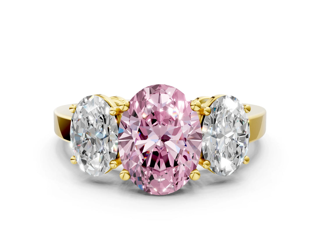 Yellow gold Three-Stone Fancy Pink Oval Cut Cut Diamond Engagement Ring with Flat Band and Four-Prong Setting_12