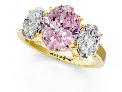 Yellow gold Three-Stone Fancy Pink Oval Cut Cut Diamond Engagement Ring with Flat Band and Four-Prong Setting_1