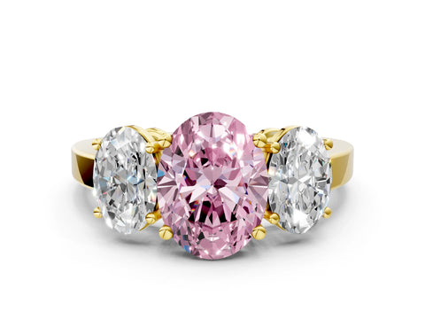 Yellow gold Three-Stone Fancy Pink Oval Cut Cut Diamond Engagement Ring with Flat Band and Four-Prong Setting